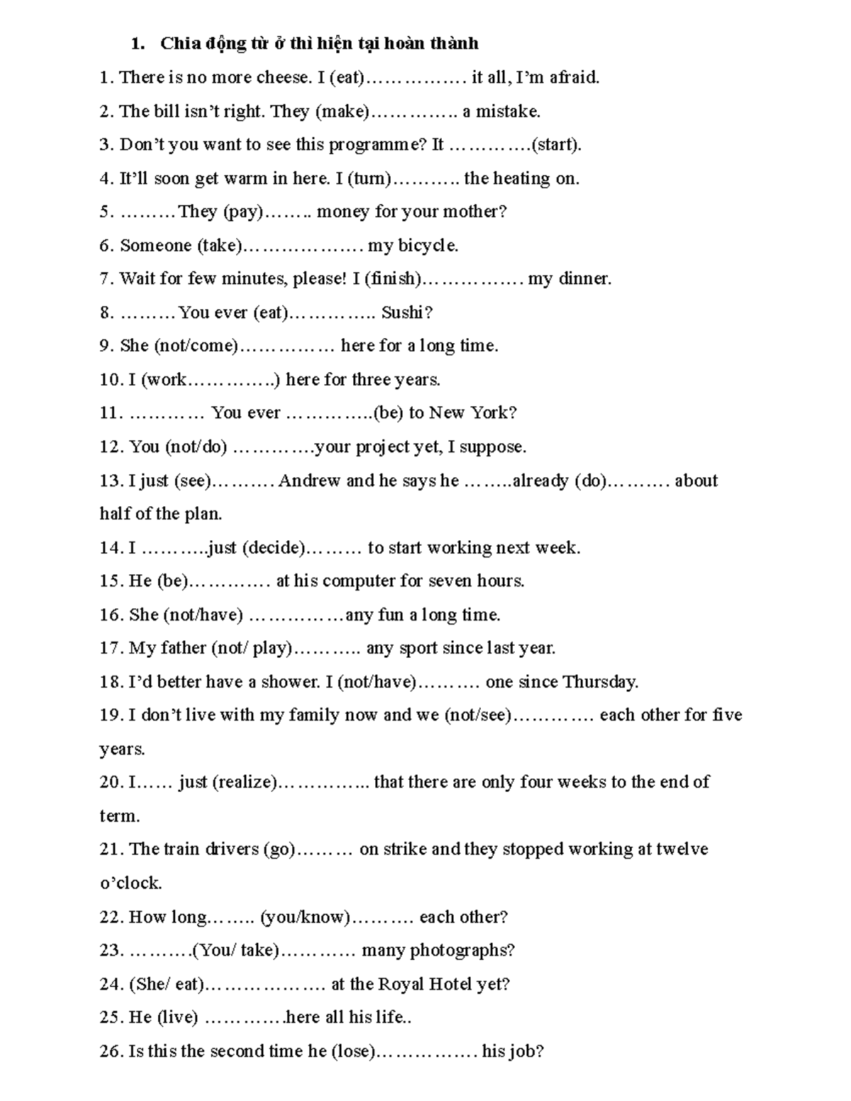 Present Perfect Tense Practice Worksheet (English 101) - Studocu