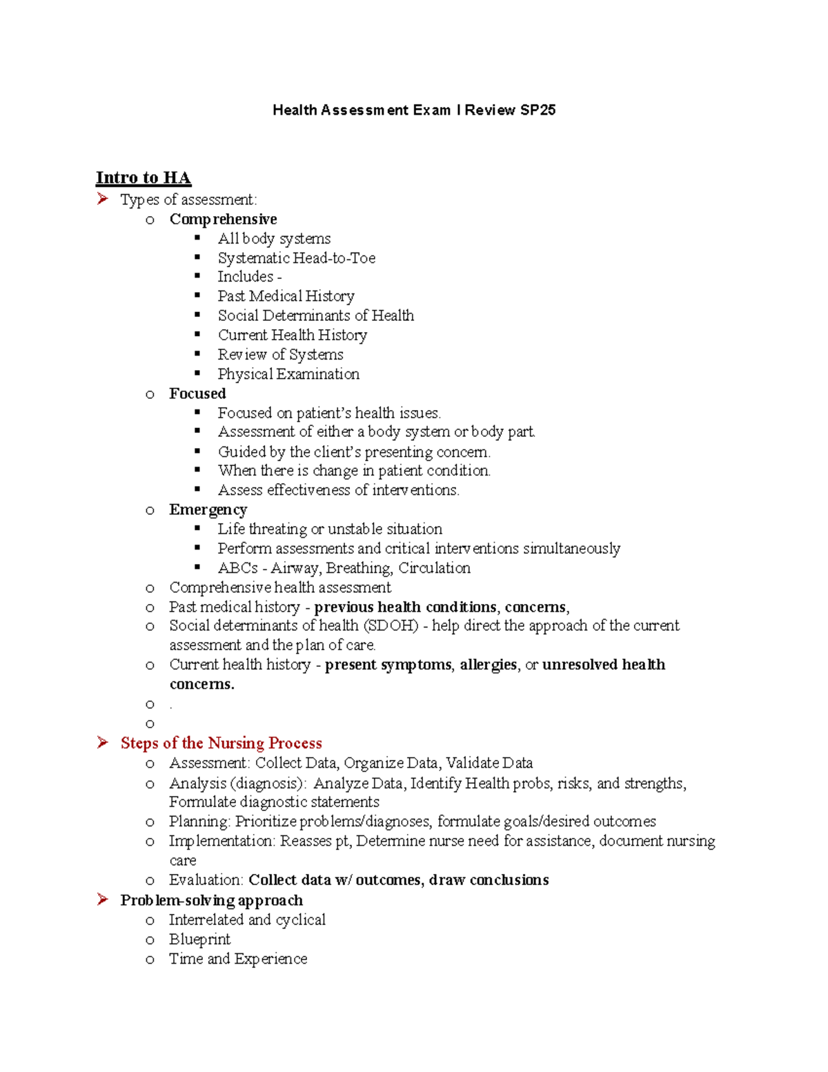 Health Assessment Exam I Review SP25: Key Concepts and Techniques - Studocu
