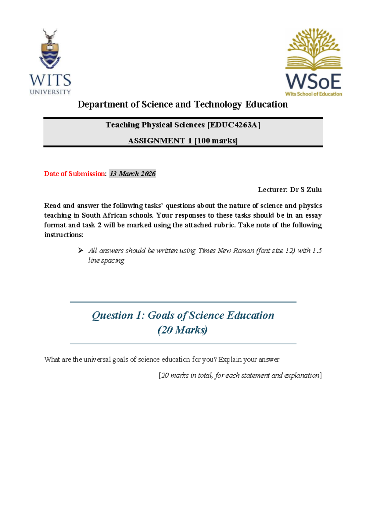 EDUC4263A: Assignment 1 on Science Education Goals and CAPS Curriculum ...
