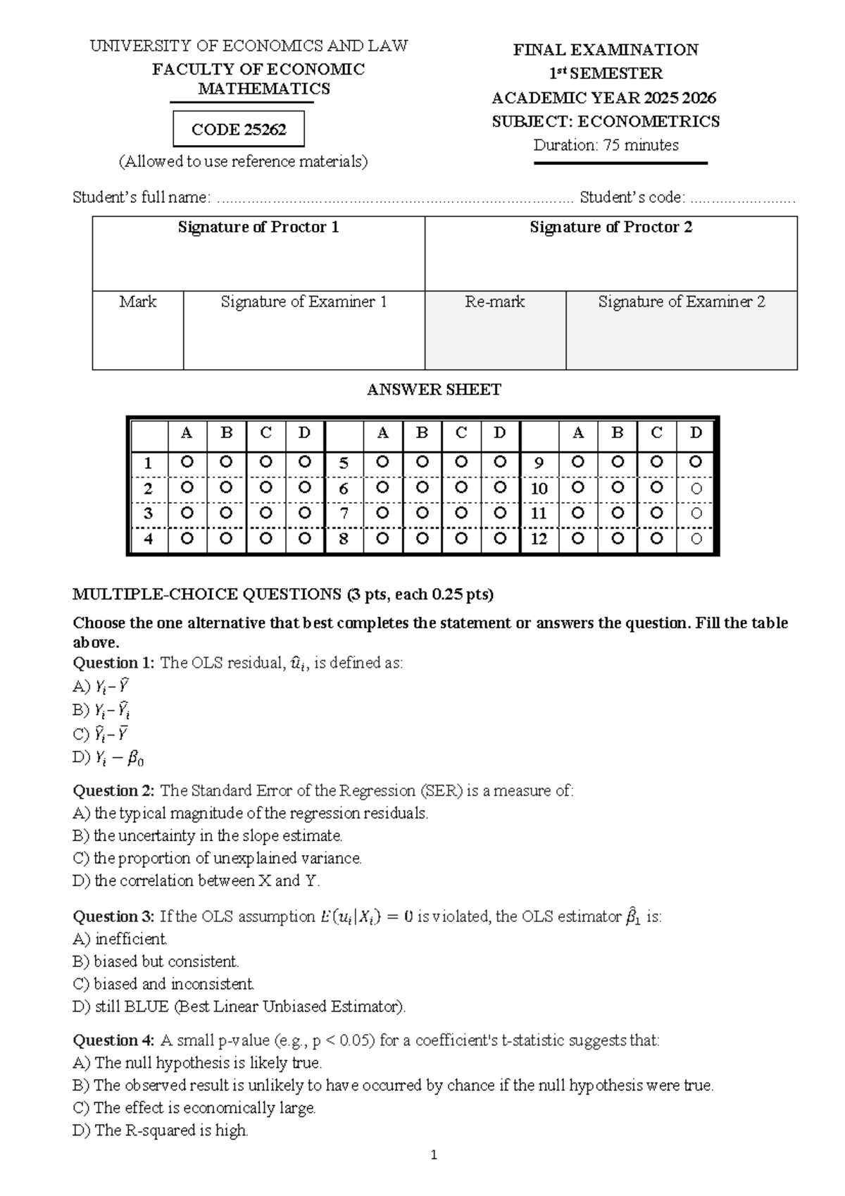 KTL 25262 Econometrics Final Exam 1st Semester AY 2025-2026 - Studocu