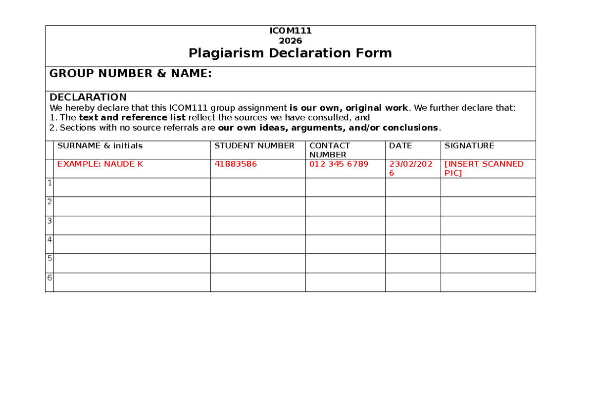 ICOM111 Plagiarism Declaration Form - ICOM 2026 Plagiarism Declaration ...
