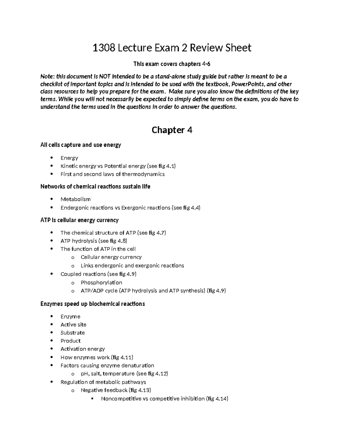 1308 Lecture Exam 2 Review Sheet: Key Topics from Chapters 4-6 - Studocu
