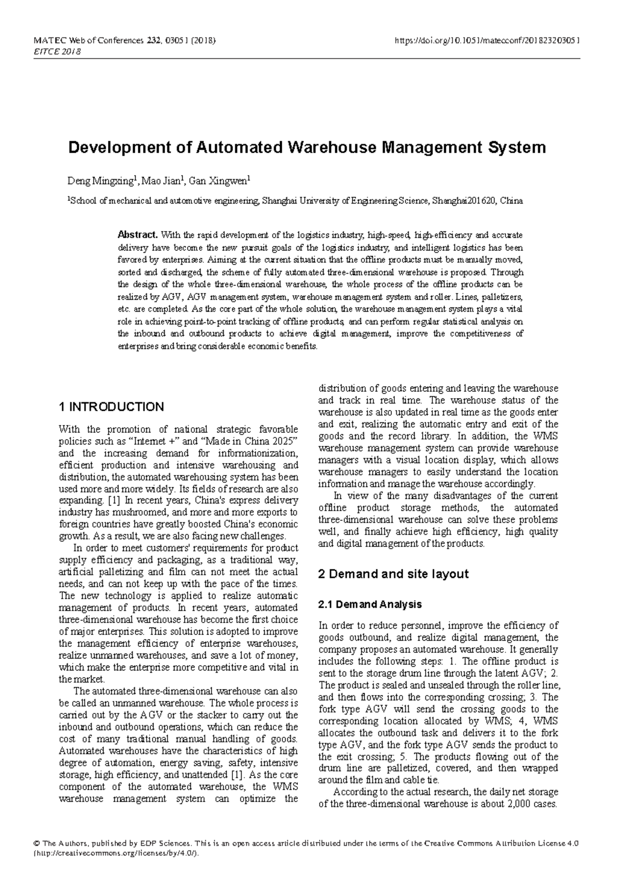 Automated Warehouse Management System: Insights from EITCE 2018 (MATEC ...