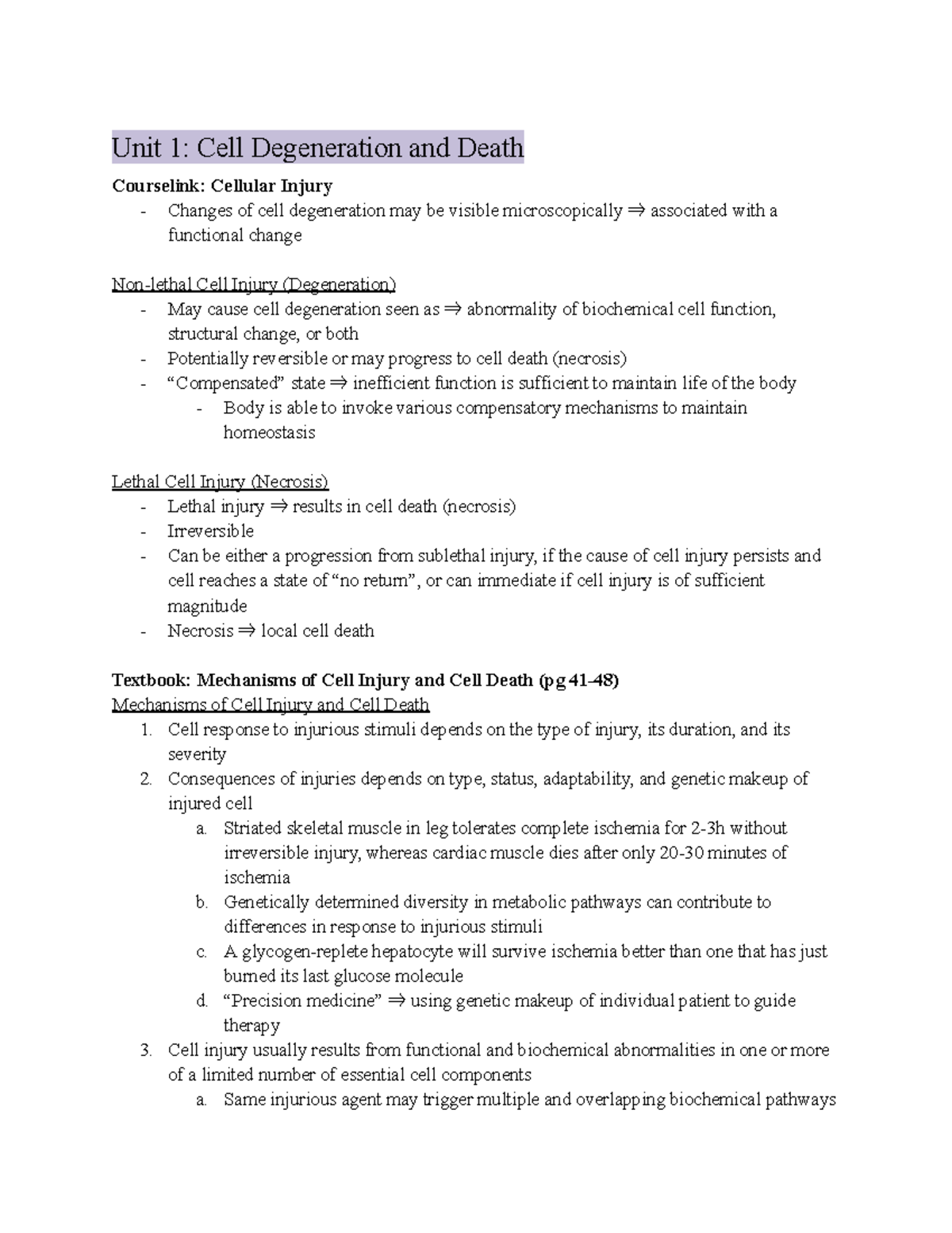 Unit 1 Notes (Courselink + Textbook) - Unit 1: Cell Degeneration and ...