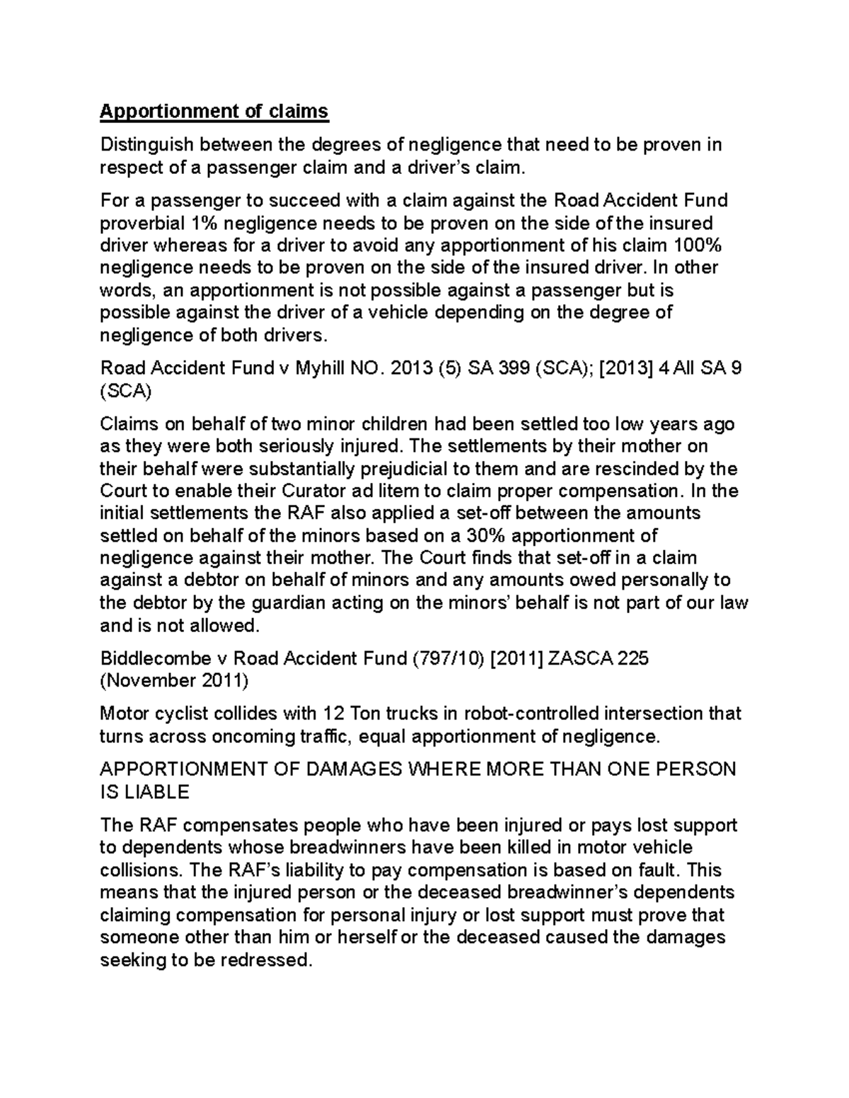 Apportionment of Claims: Degrees of Negligence in RAF Cases - Studocu