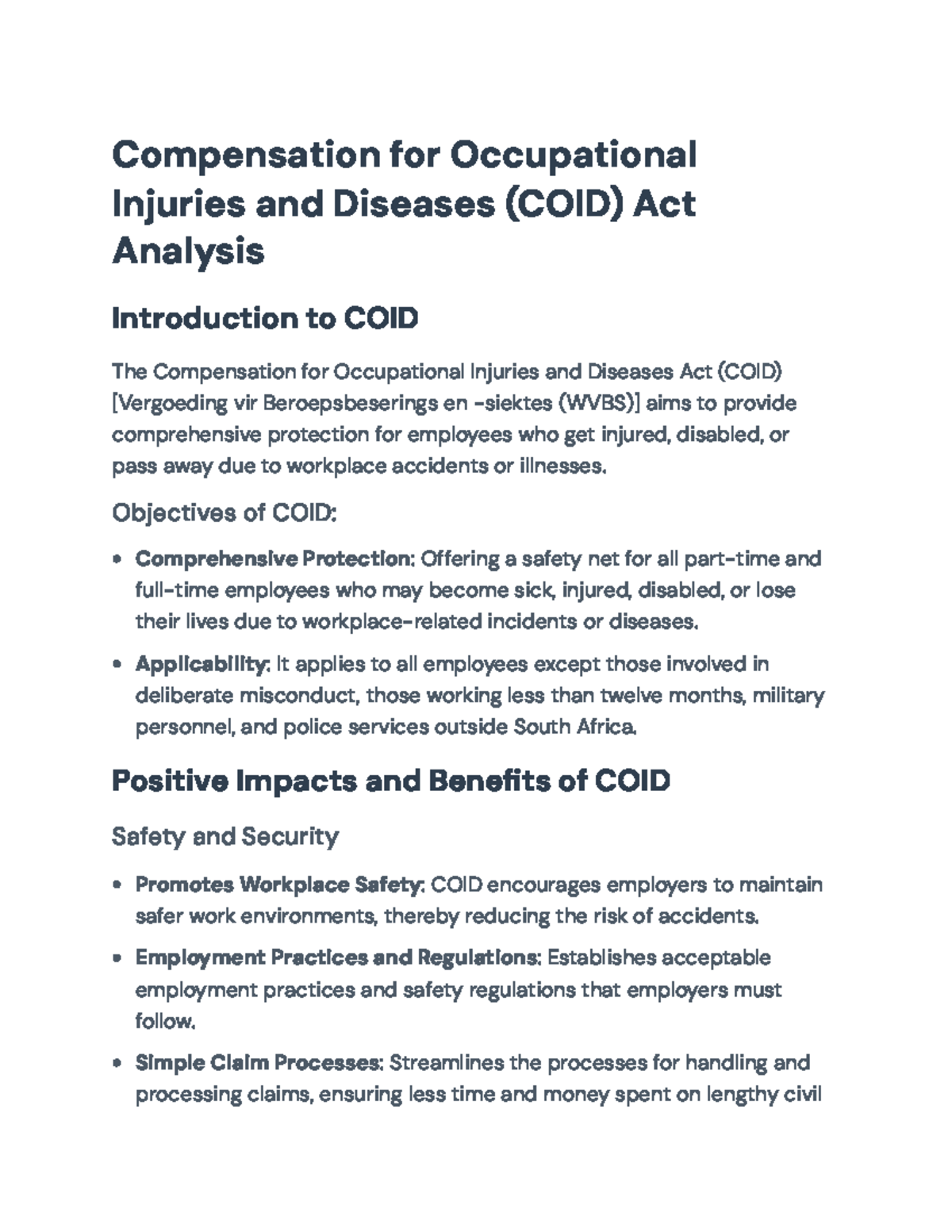 Compensation for Occupational Injuries and Diseases Act (COID) Analysis ...