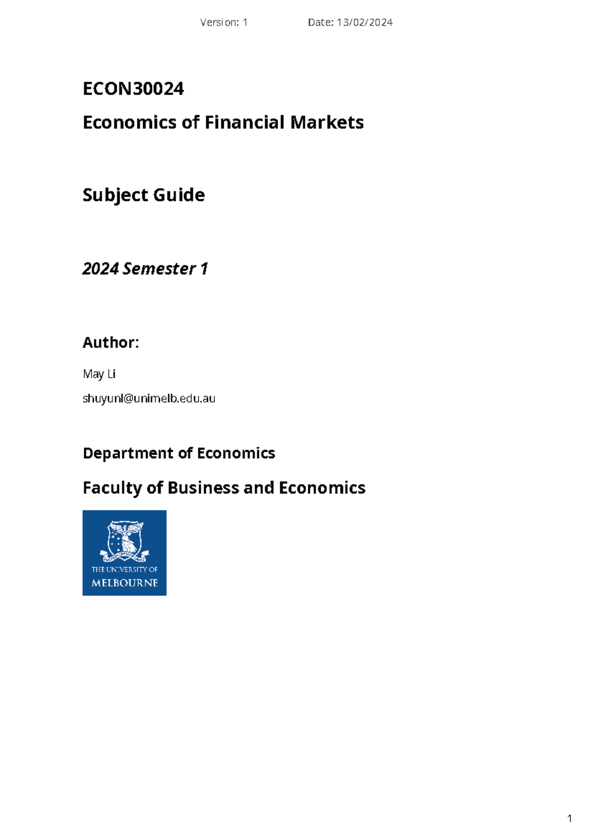 Subjectguide ECON30024 - ECON Economics of Financial Markets Subject ...