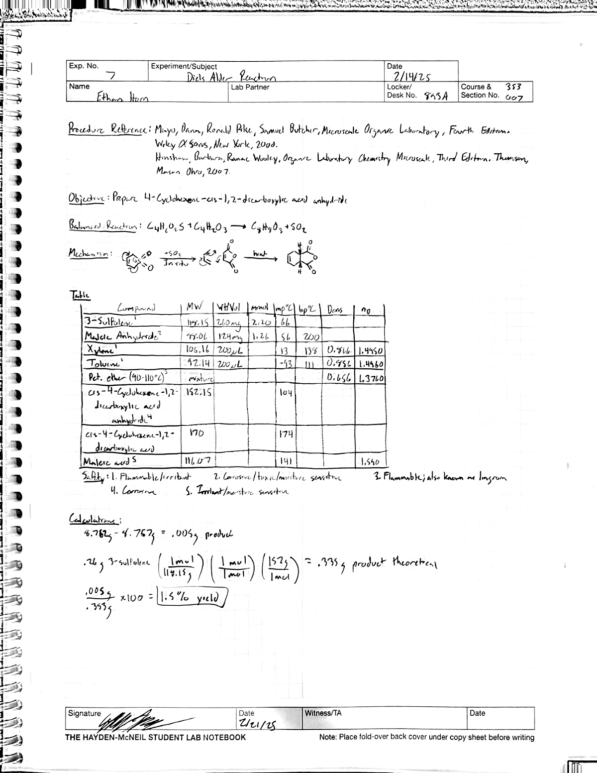 DA Lab - Diels Alder Lab Report including NMR and IR - Exp. No. Name ...