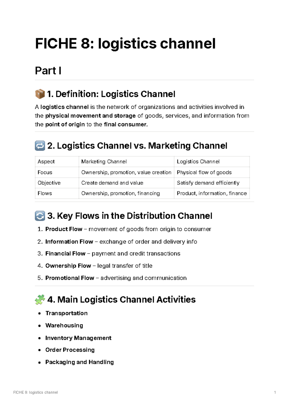 FICHE 8: Logistics Channel Overview and Key Concepts for Revision - Studocu