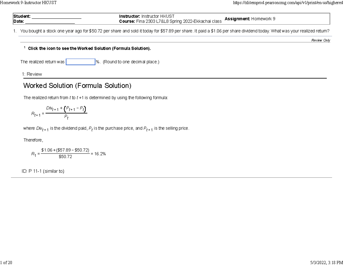 Fina 2303 L7&L8 Spring 2022 - Homework 9 Solutions and Analysis - Studocu