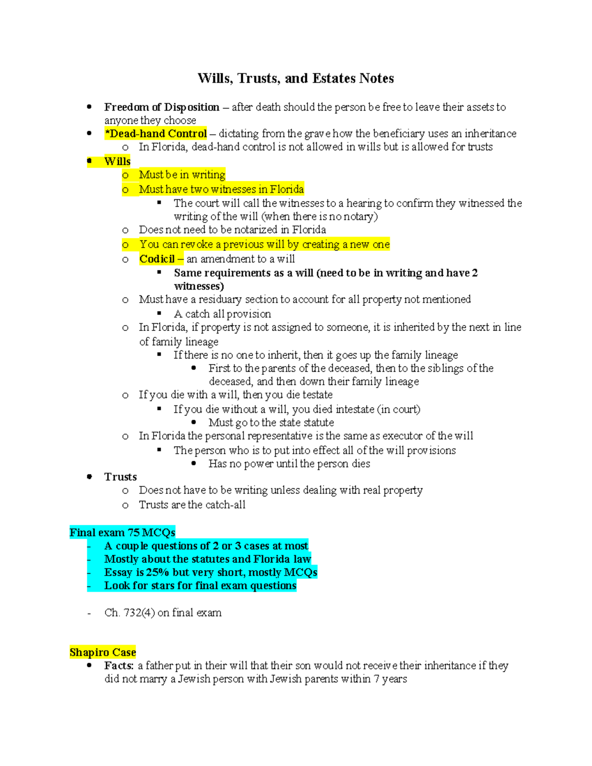 WTE Notes - Wills, Trusts, and Estates Notes Freedom of Disposition ...