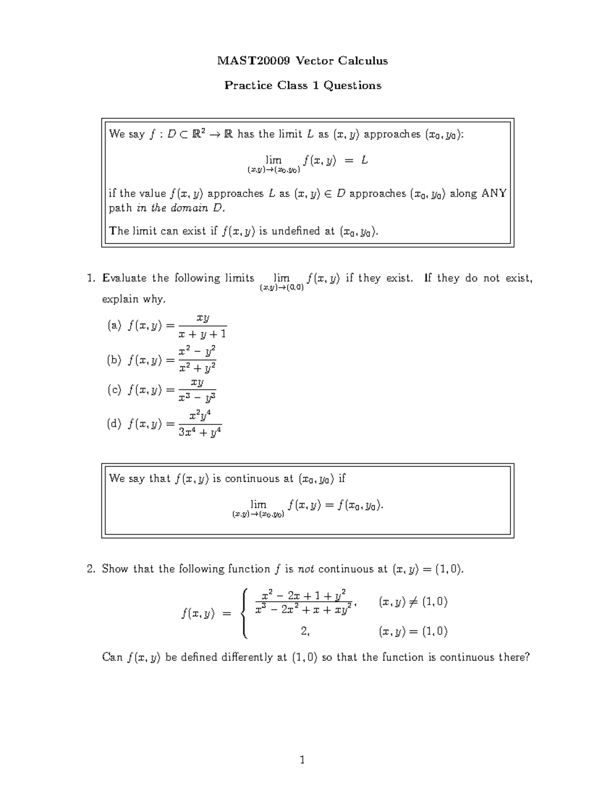 Vector Calculus Tutorial 1 2025S1 - Week 1 Limit Questions - Studocu