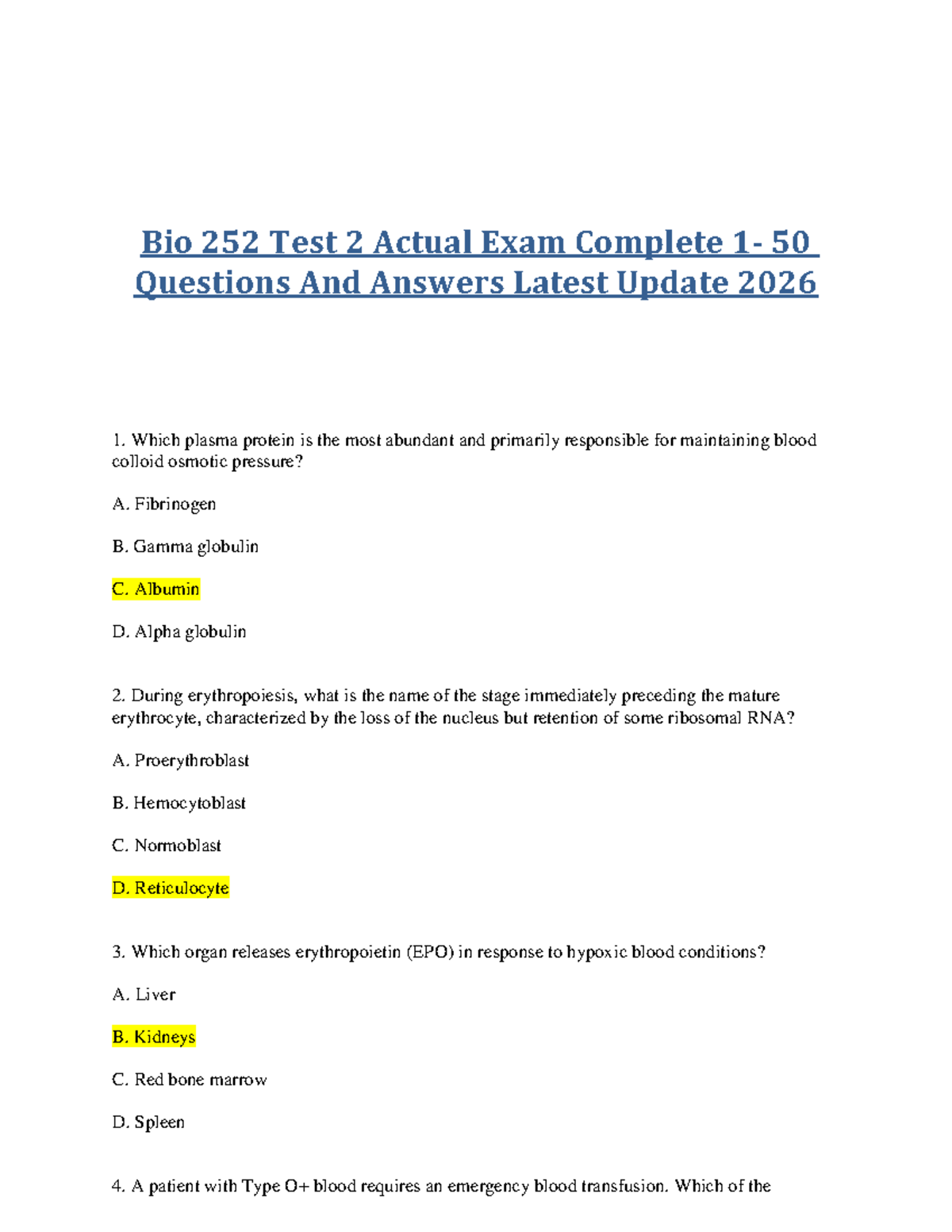 Bio 252 Test 2 Complete: 50 Questions & Answers (Latest 2026) - Studocu
