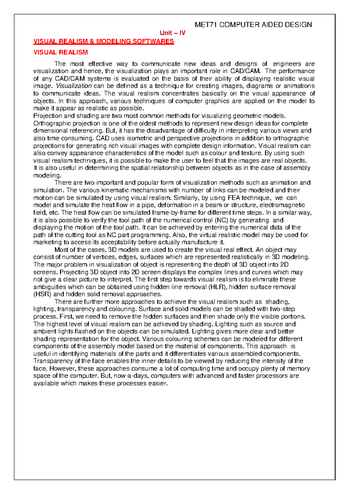 CAD(U4) - Computer Aided Design Lecture Notes - Unit – IV VISUAL ...