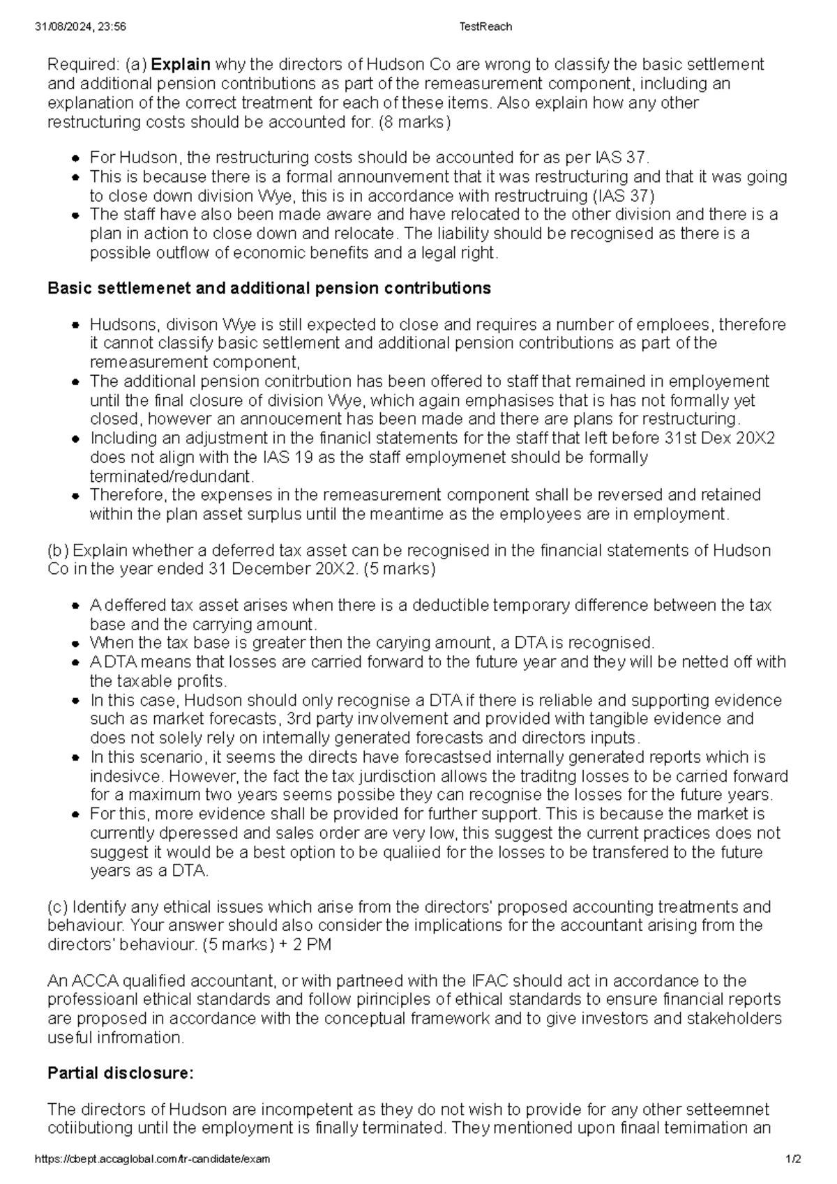 Q2 - ACCA Practice Question on Hudson Co's Accounting Treatment - Studocu