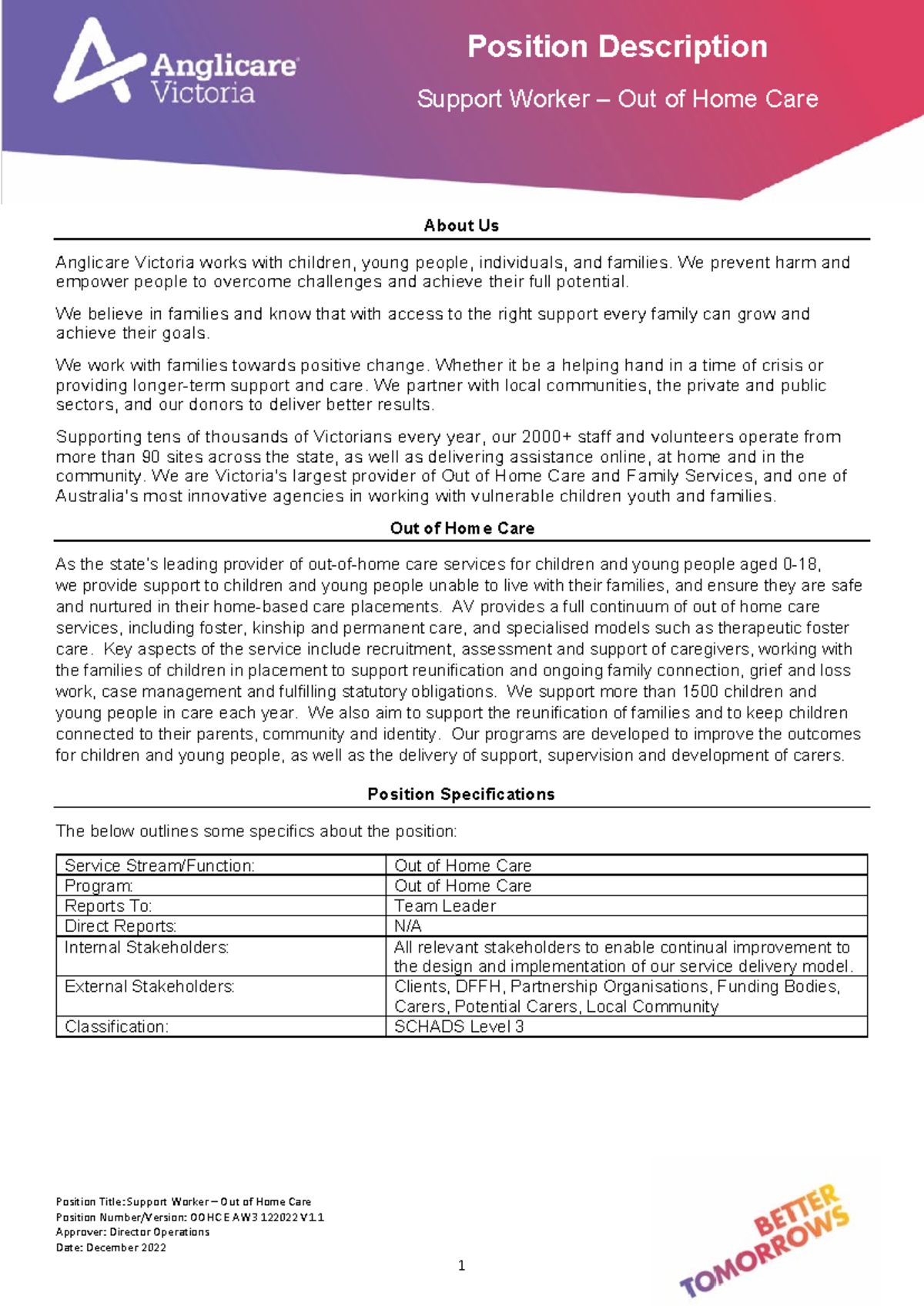 Support Worker - Out of Home Care Position Description OOHC E AW3 ...