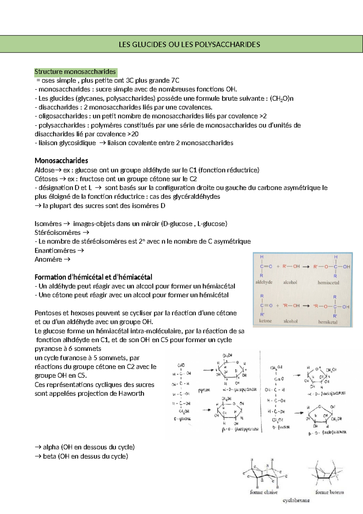Fiche chapitre glucides - Structure monosaccharides = oses simple ...