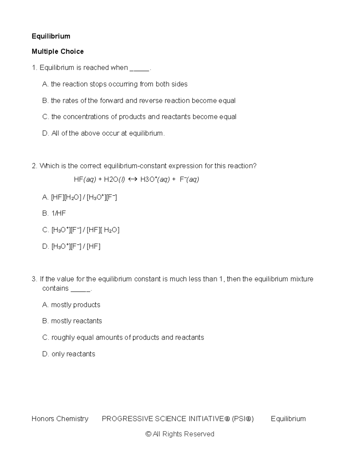 Honors Chemistry Equilibrium MC Questions (2022) - Studocu