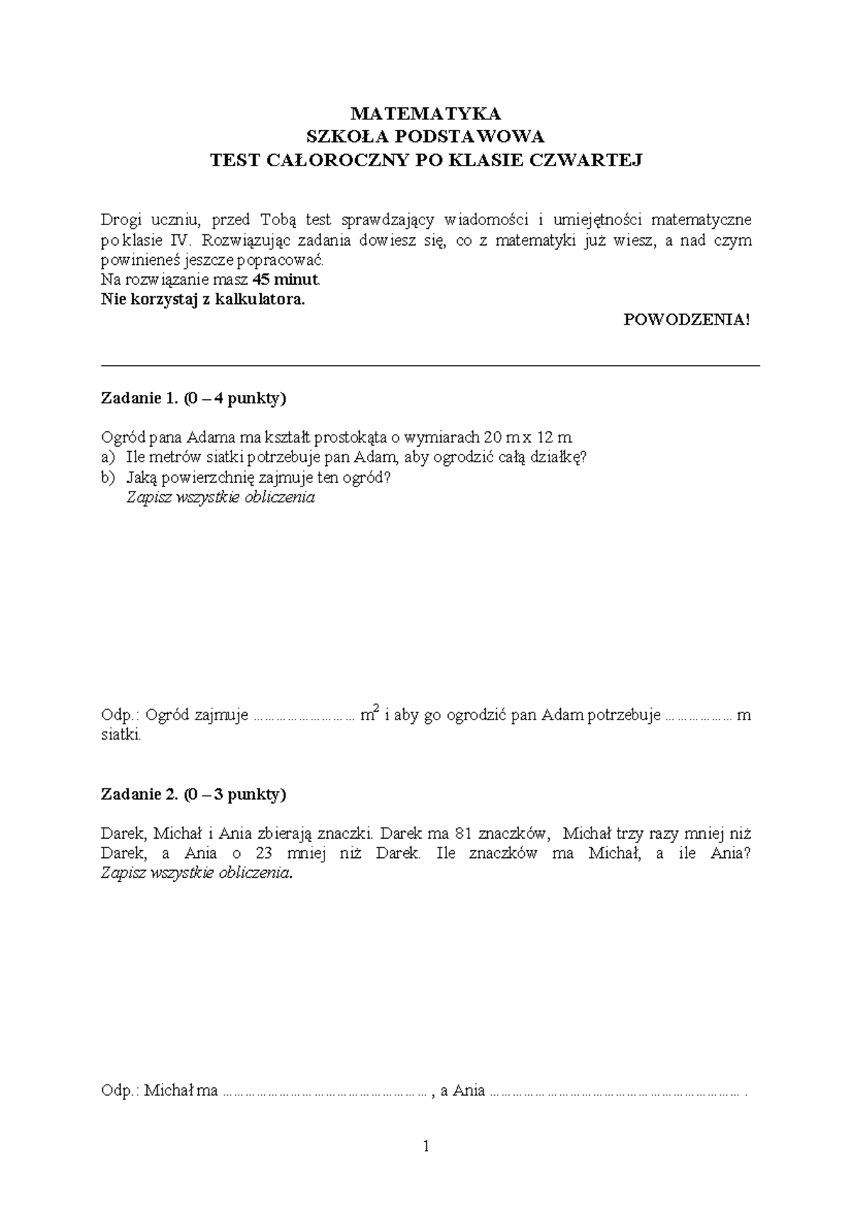 Matematyka test całościowy po klasie IV - Kwota, Zadania i Obliczenia