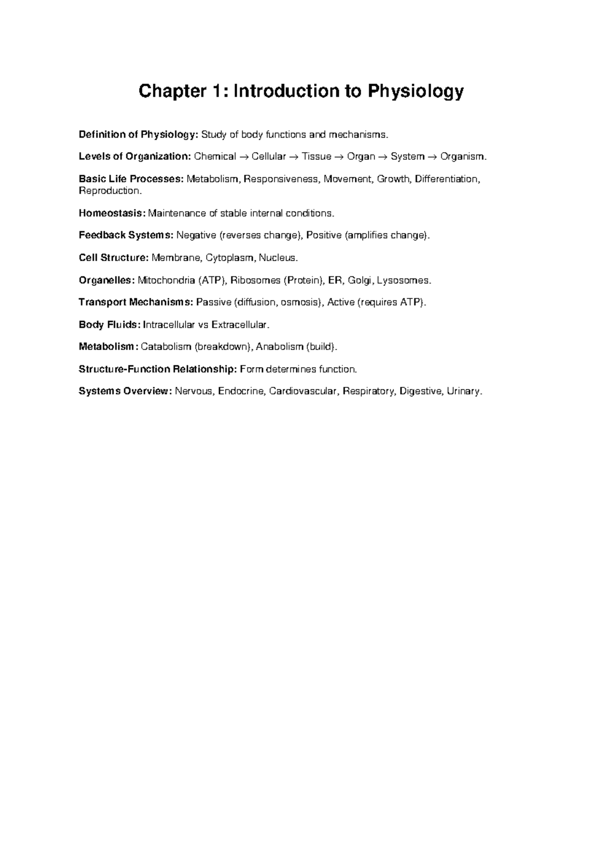 Chapter 1 Physiology Notes - Chapter 1: Introduction to Physiology ...