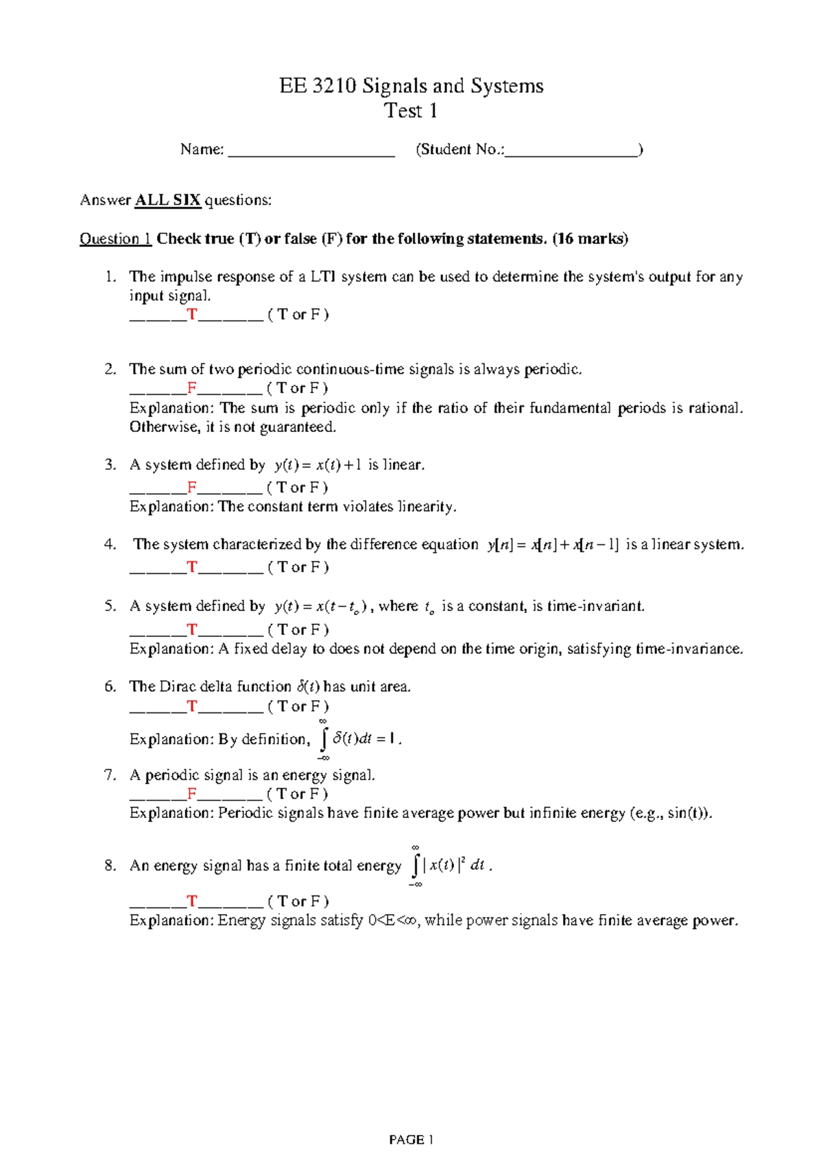 EE3210 Test1 Solution - sem B - EE 3210 Signals and Systems Test 1 Name ...