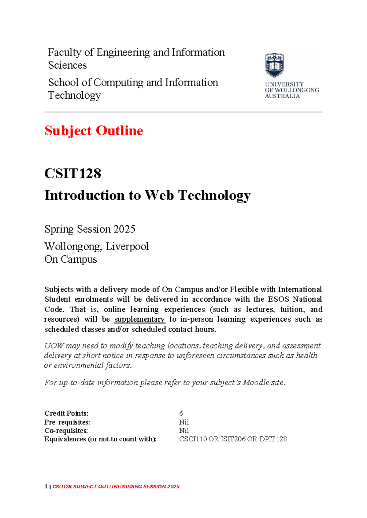 CSIT128 Subject Outline: Introduction to Web Technology - Spring 2025 ...