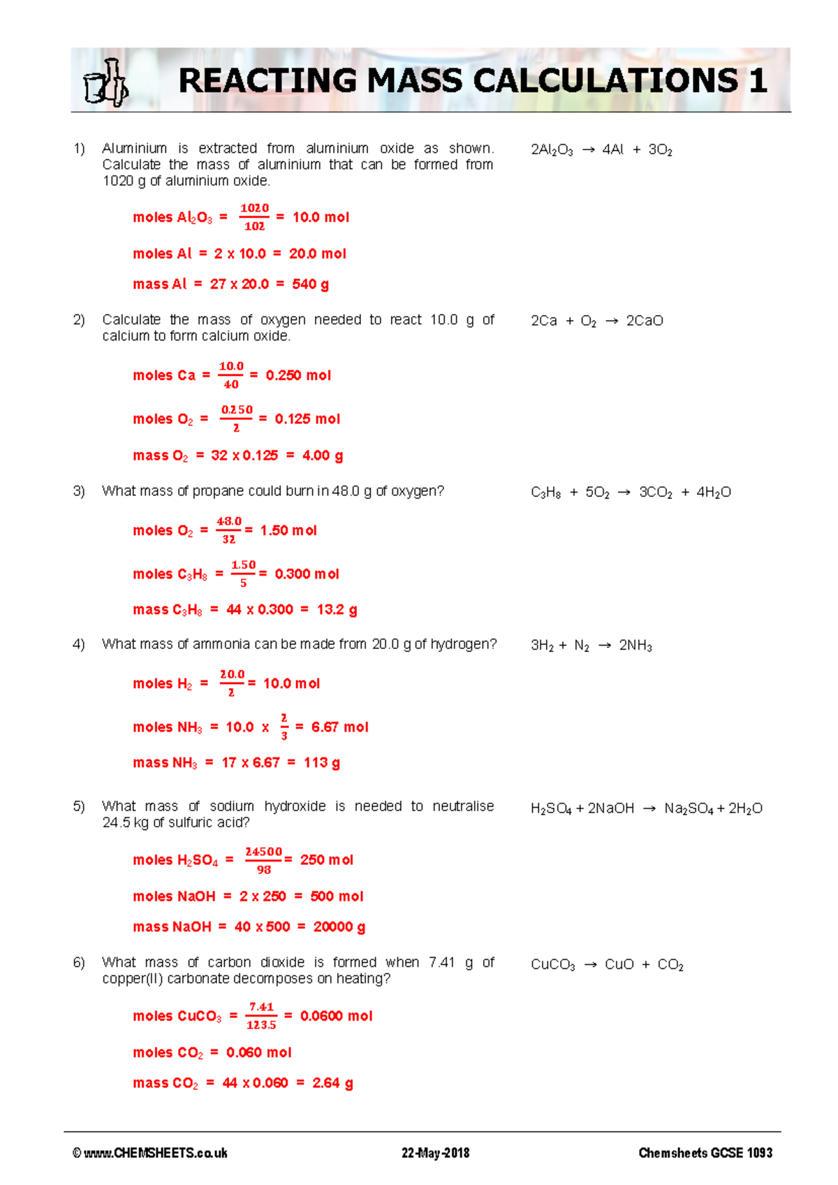 Further Reacting Mass Calculations: Questions & Answers (GCSE) - Studocu