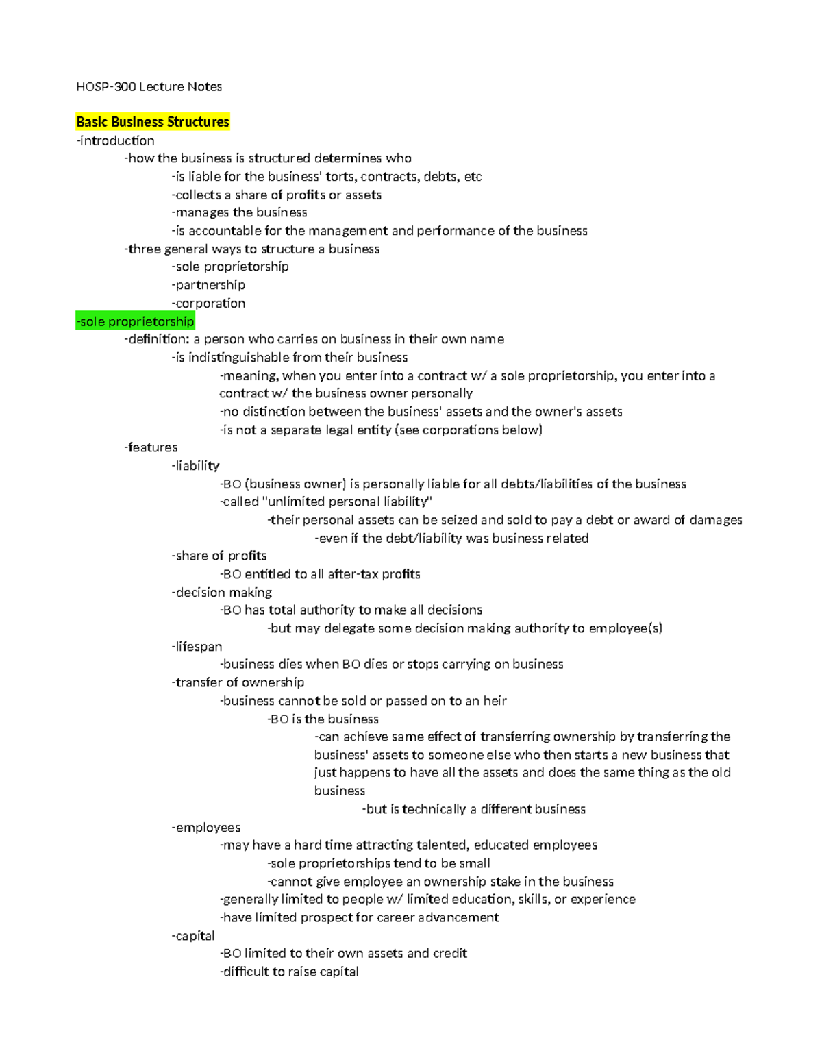 Unit 1: Lecture Notes on Basic Business Structures and Liabilities ...