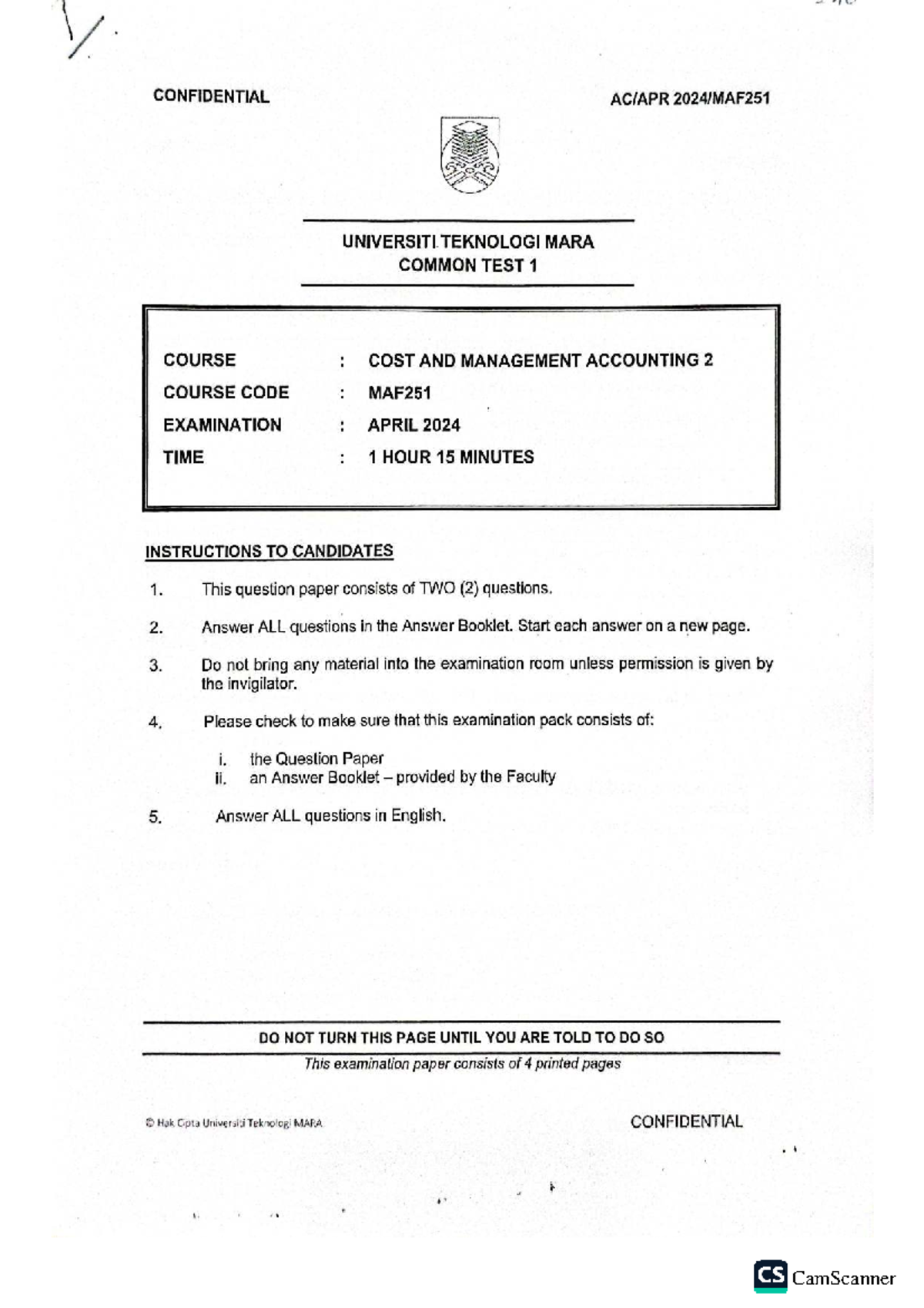 Maf251 Common Test 1 April 2024: Cost & Management Accounting - Studocu