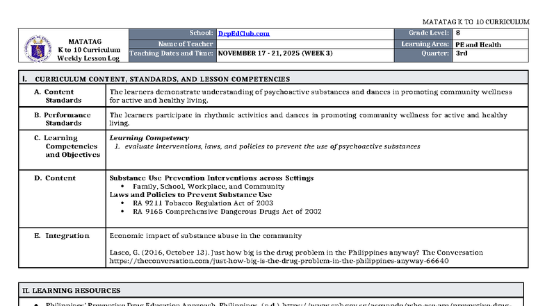 MATATAG K to 10 Curriculum DLL: PE & Health 8 Q3 Week 3-4 - Studocu