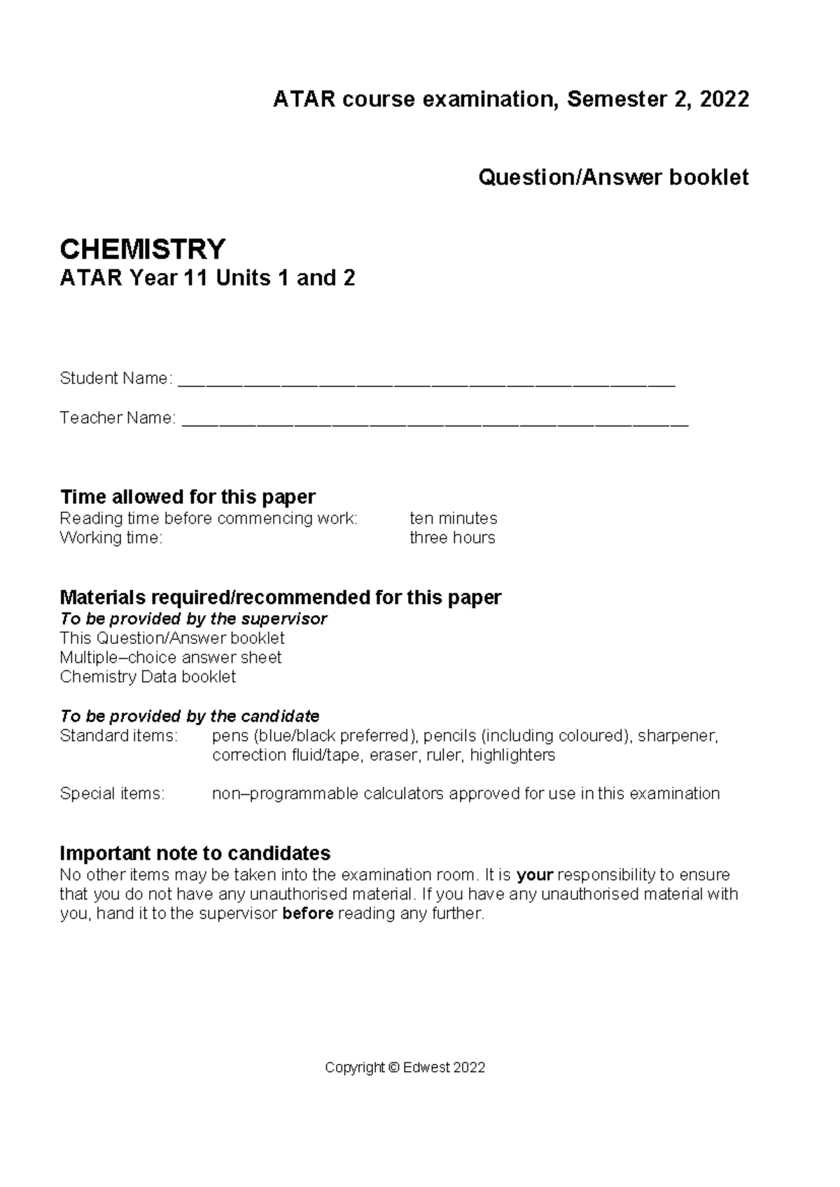 ATAR Year 11 Chemistry Exam Paper - Semester 2 2022 - Studocu