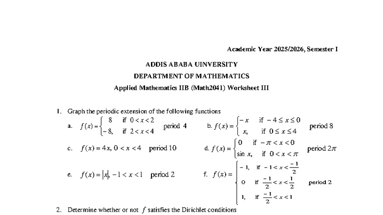 Applied Mathematics IIB (Math2041) Worksheet 1: Fourier Series ...