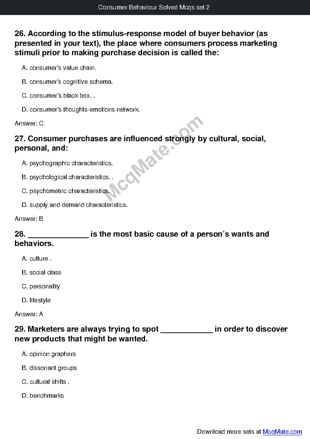 Consumer Behaviour MCQs Set 2 - Study Guide for MCQ Mate - Studocu