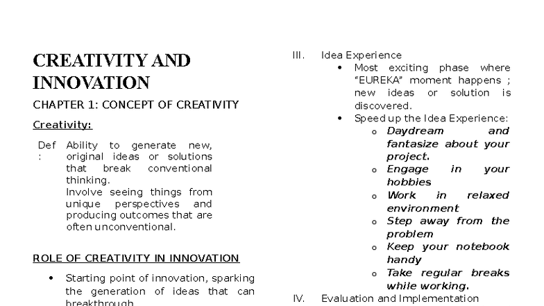 CREATIVITY AND INNOVATION CHAPTER 1: CONCEPTS AND PROCESSES - Studocu