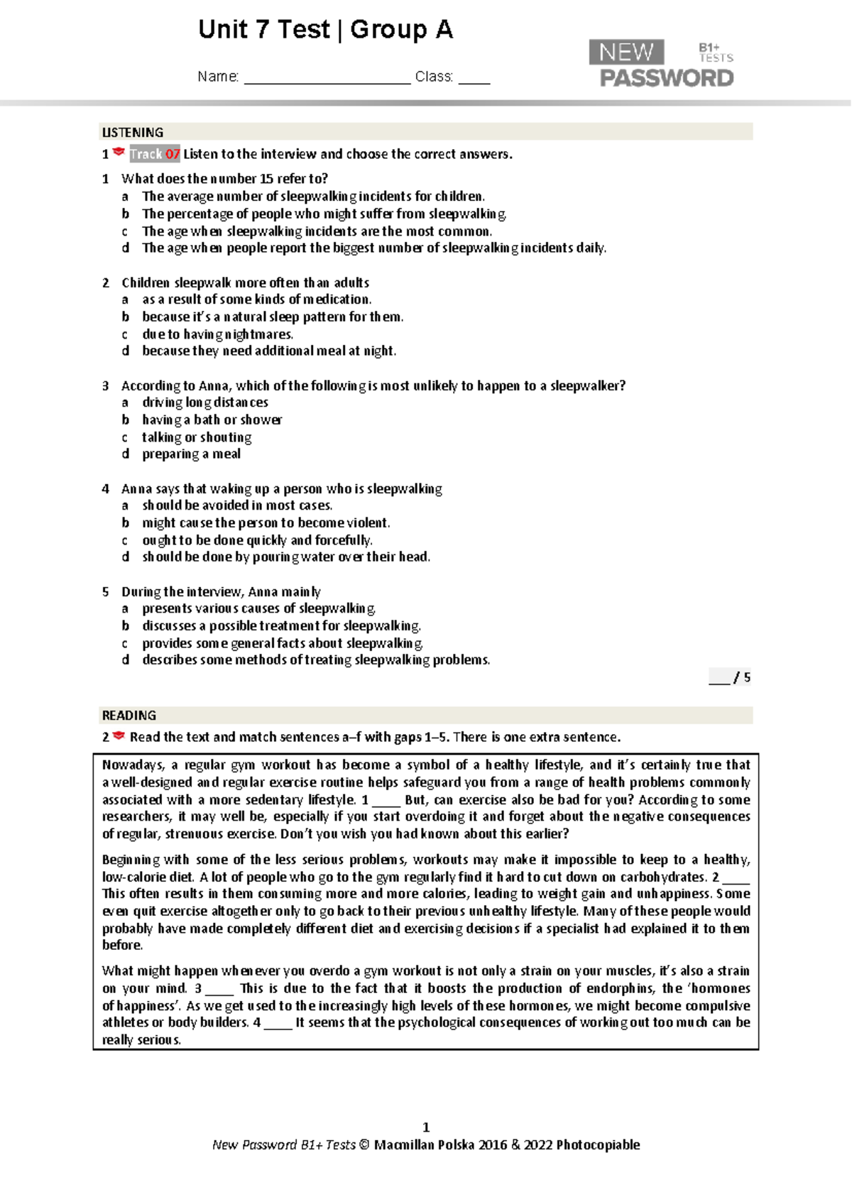 New Password B1+ Unit 7A listening and reading test review - Studocu