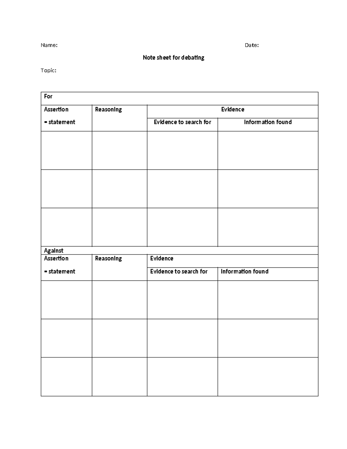Note sheet - mon Debating - Kỹ năng tranh luận tiếng Anh - Name: Date ...
