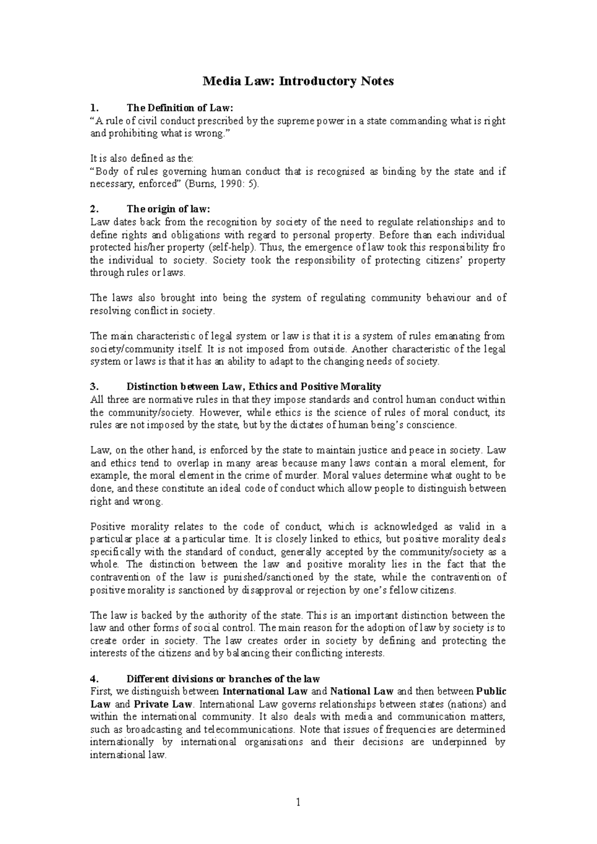 Media Law: Introductory Notes on Legal Principles and Ethics - Studocu