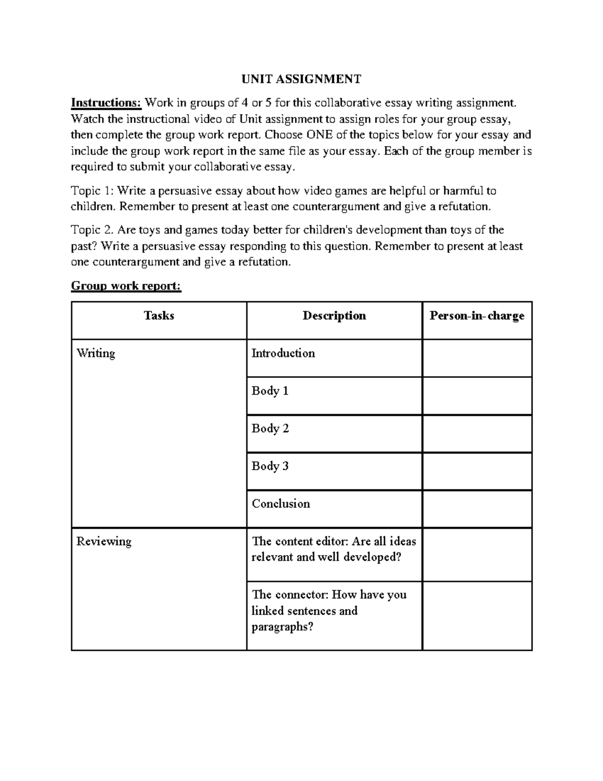 UNIT Assignment-5 - Nghe nói - UNIT ASSIGNMENT Instructions: Work in ...
