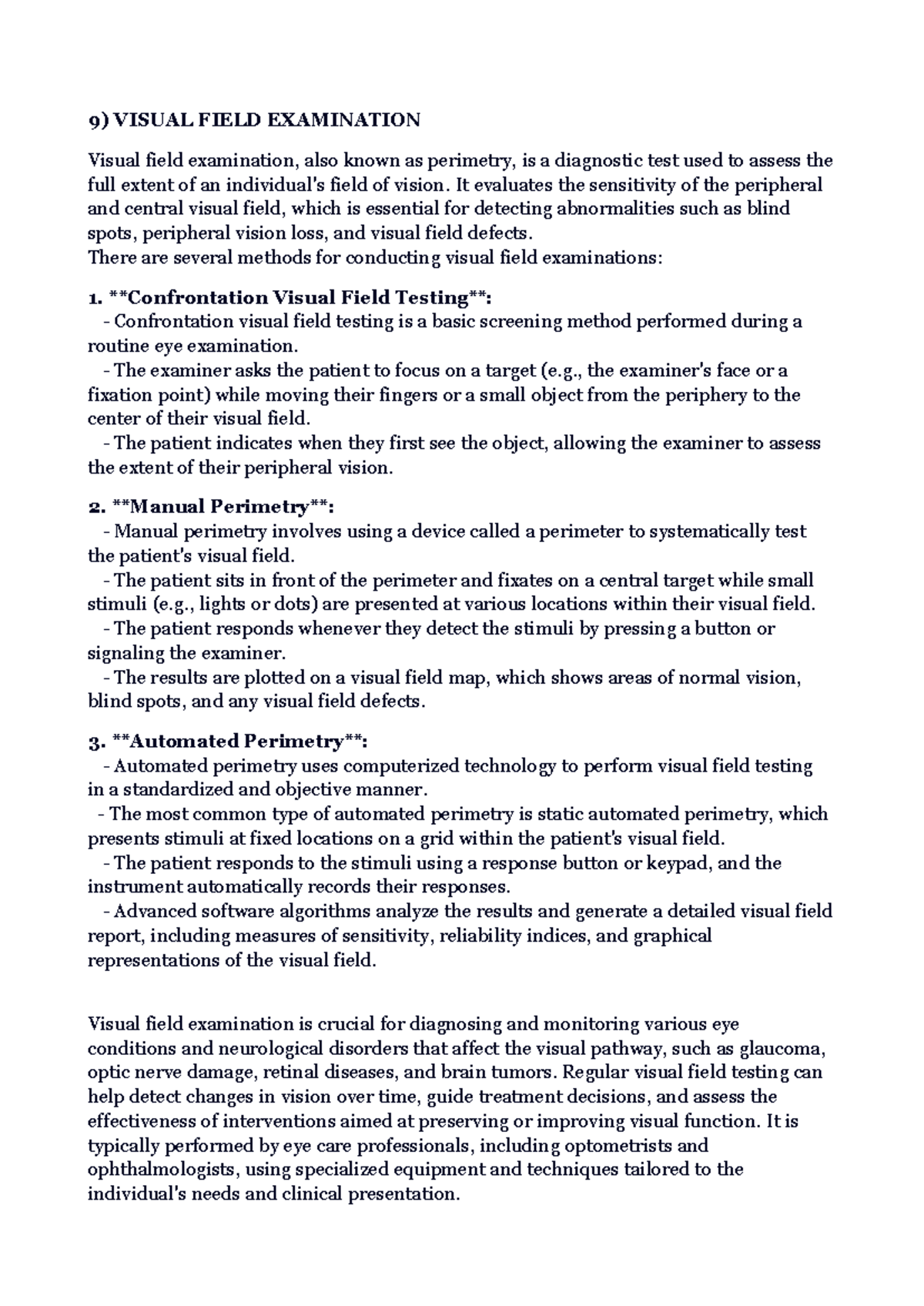 9) Visual Field Examination - 9) VISUAL FIELD EXAMINATION Visual field ...