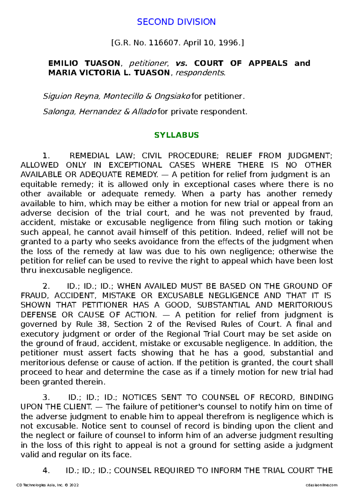Tuason vs. Court of Appeals: Insights on Judicial Relief & Annulment ...