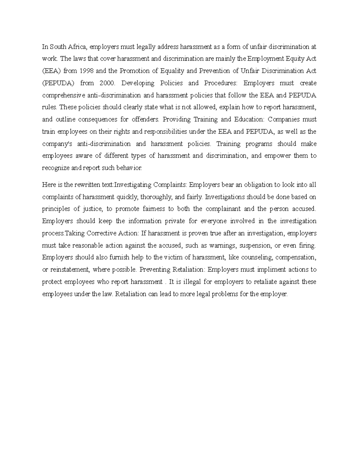 EEA & PEPUDA Compliance: Addressing Workplace Harassment Issues - Studocu