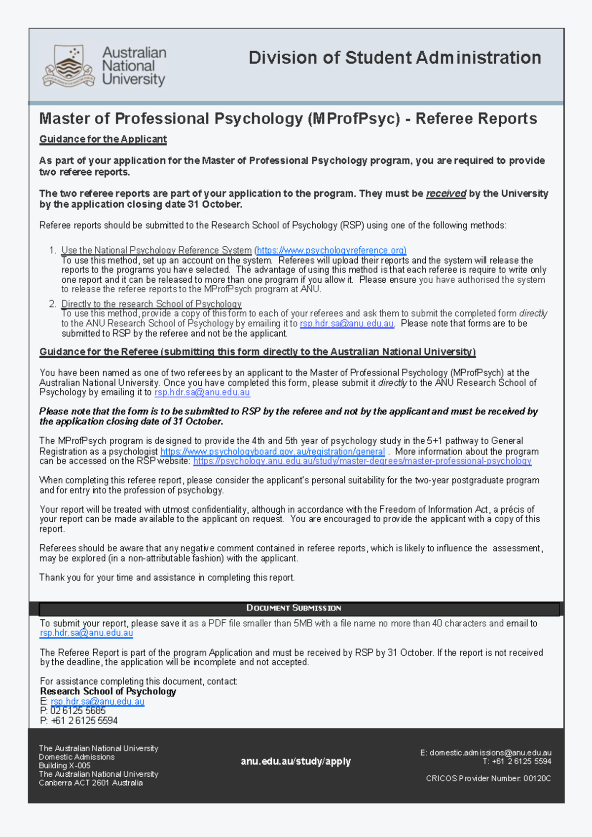 MProfPsyc Referee Report Guidance for ANU Applicants - Studocu
