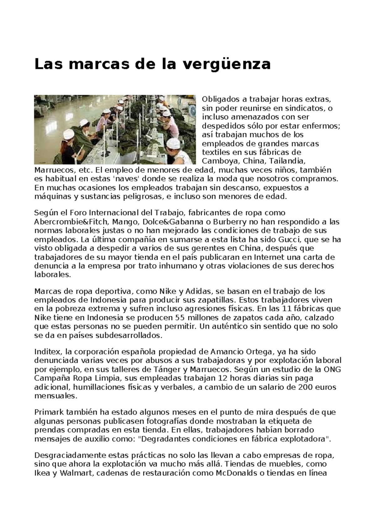 Las Marcas de la Vergüenza: Explotación Laboral en la Moda - Studocu