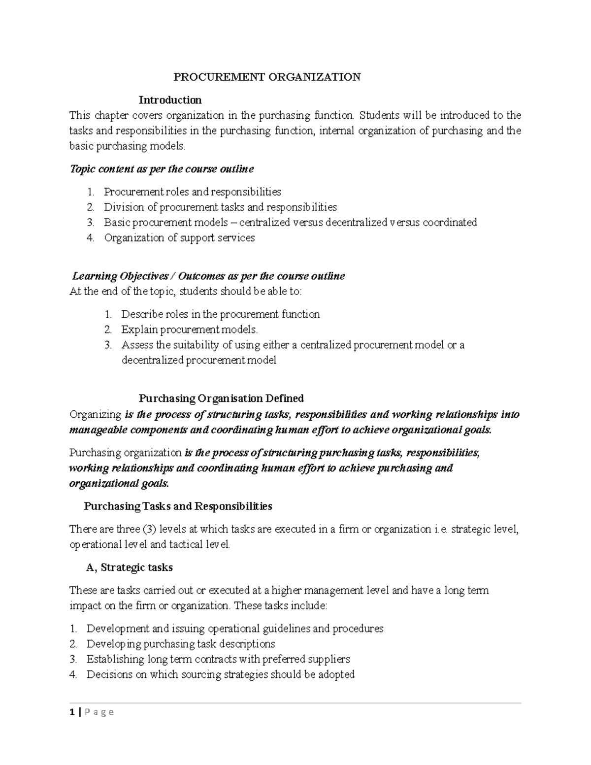 Procurement Models and Organizational Structure in Supply Chain - Studocu