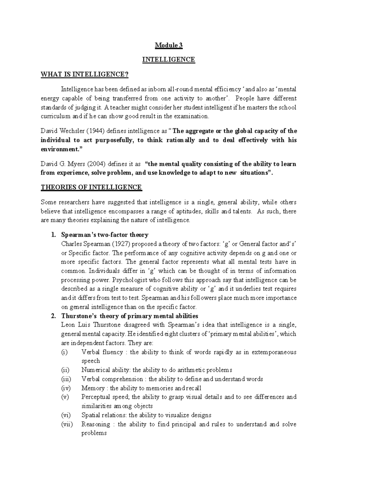 Minor 2 Notes S3 Module 3: Understanding Intelligence Theories - Studocu
