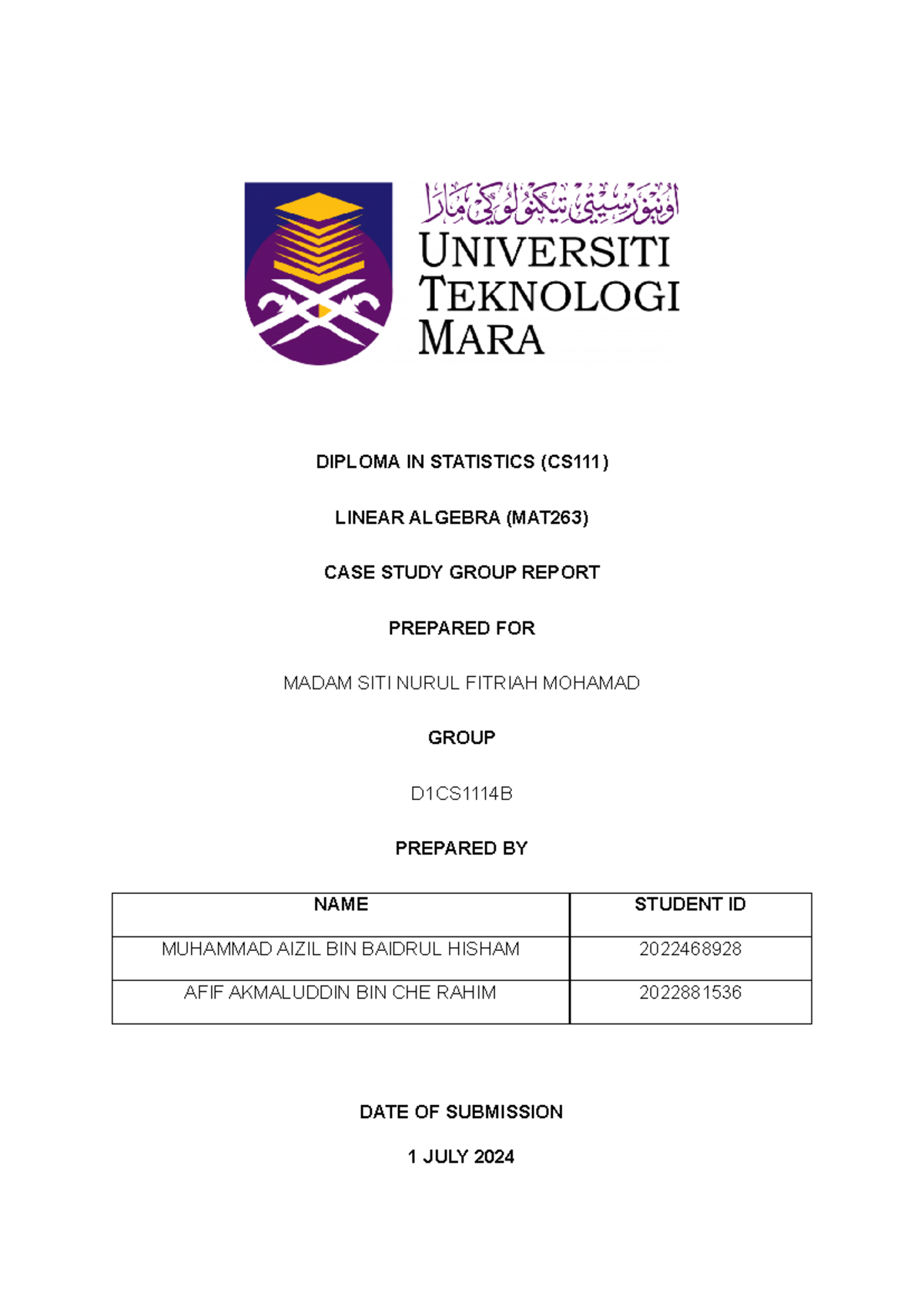 ( Latest) Report MAT263 - DIPLOMA IN STATISTICS (CS111) LINEAR ALGEBRA ...