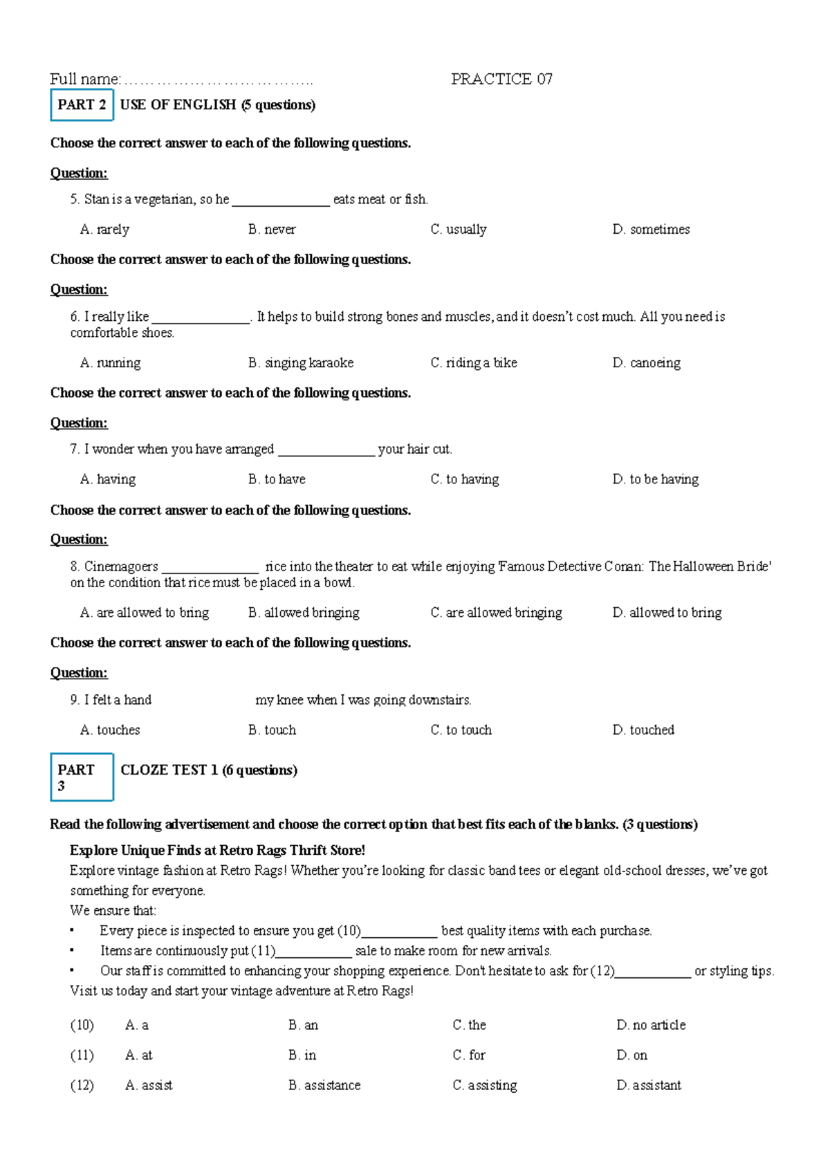 PART 2 PRACTICE 07: USE OF ENGLISH Questions & Cloze Tests - Studocu