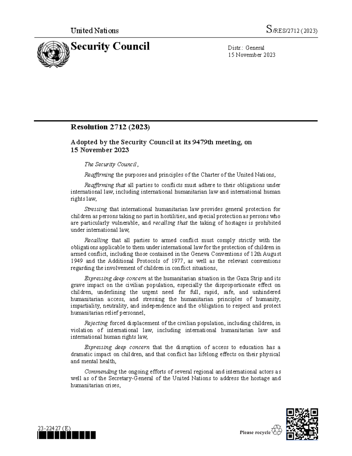 UN Resolution S/RES/2712: Humanitarian Concerns in Gaza (Nov 2023 ...