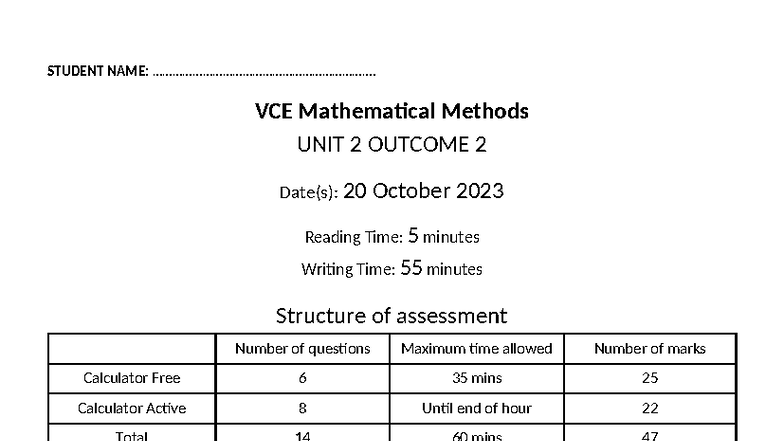 11MM Probability SAC Unit 2 Outcome 2 - Assessment Details 2023 - Studocu