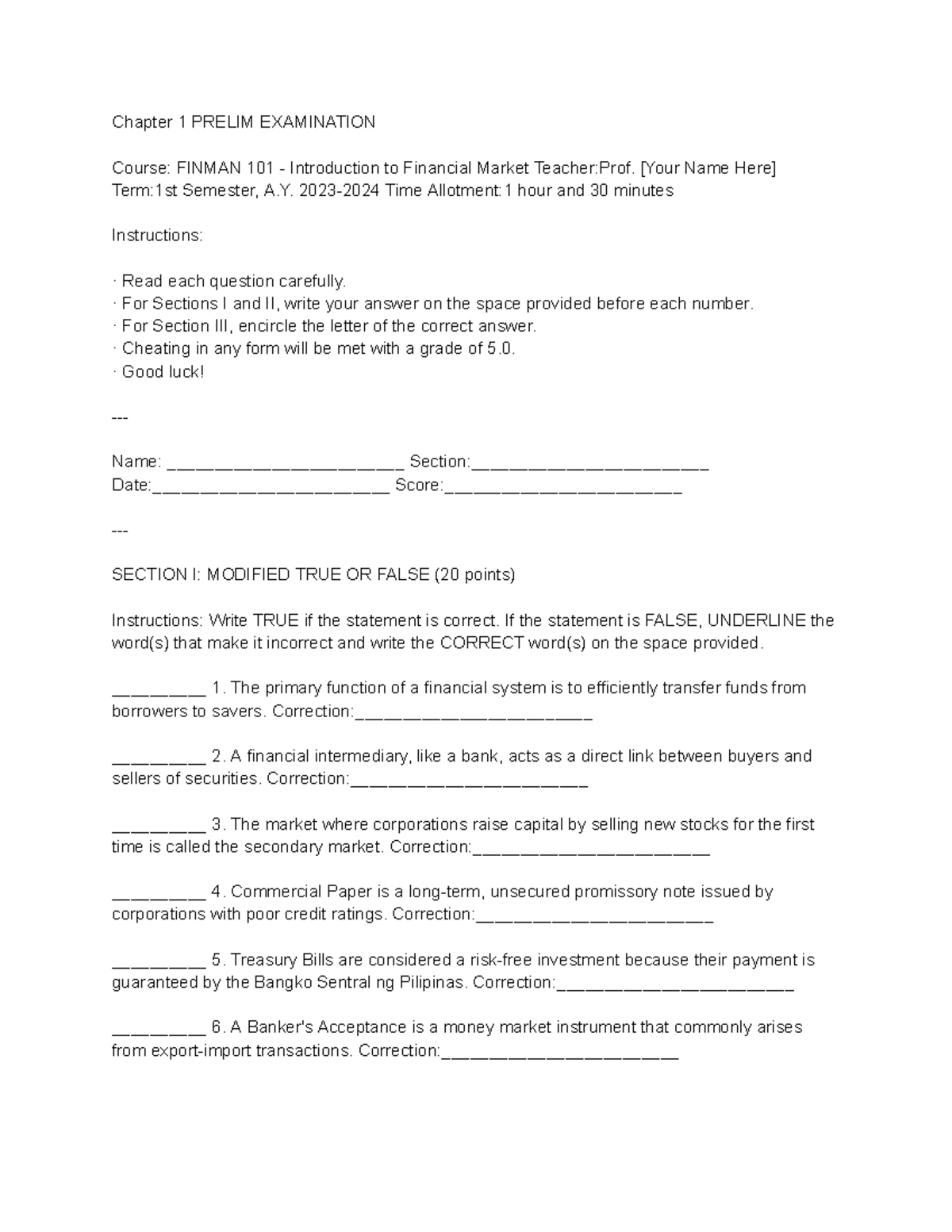 Chapter 1: Prelim Exam - FINMAN 101 Introduction to Financial Markets ...